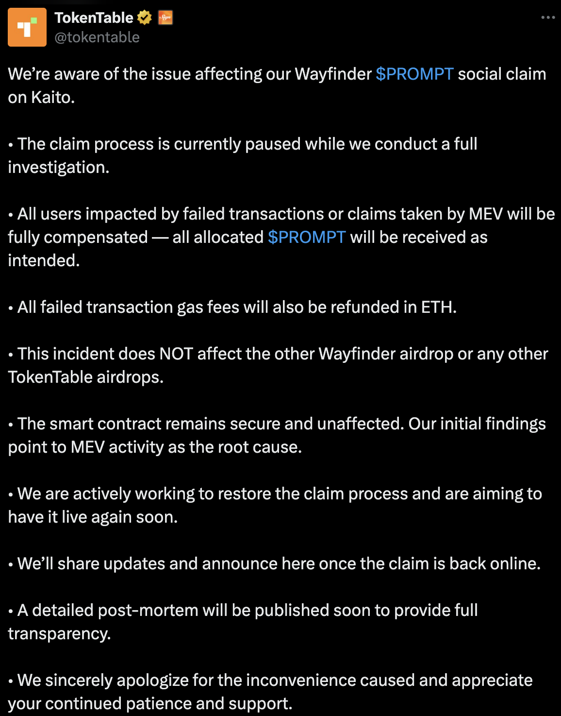 $PROMPT空投被MEV撸走120 ETH，社区质疑程序员「用AI写合约」